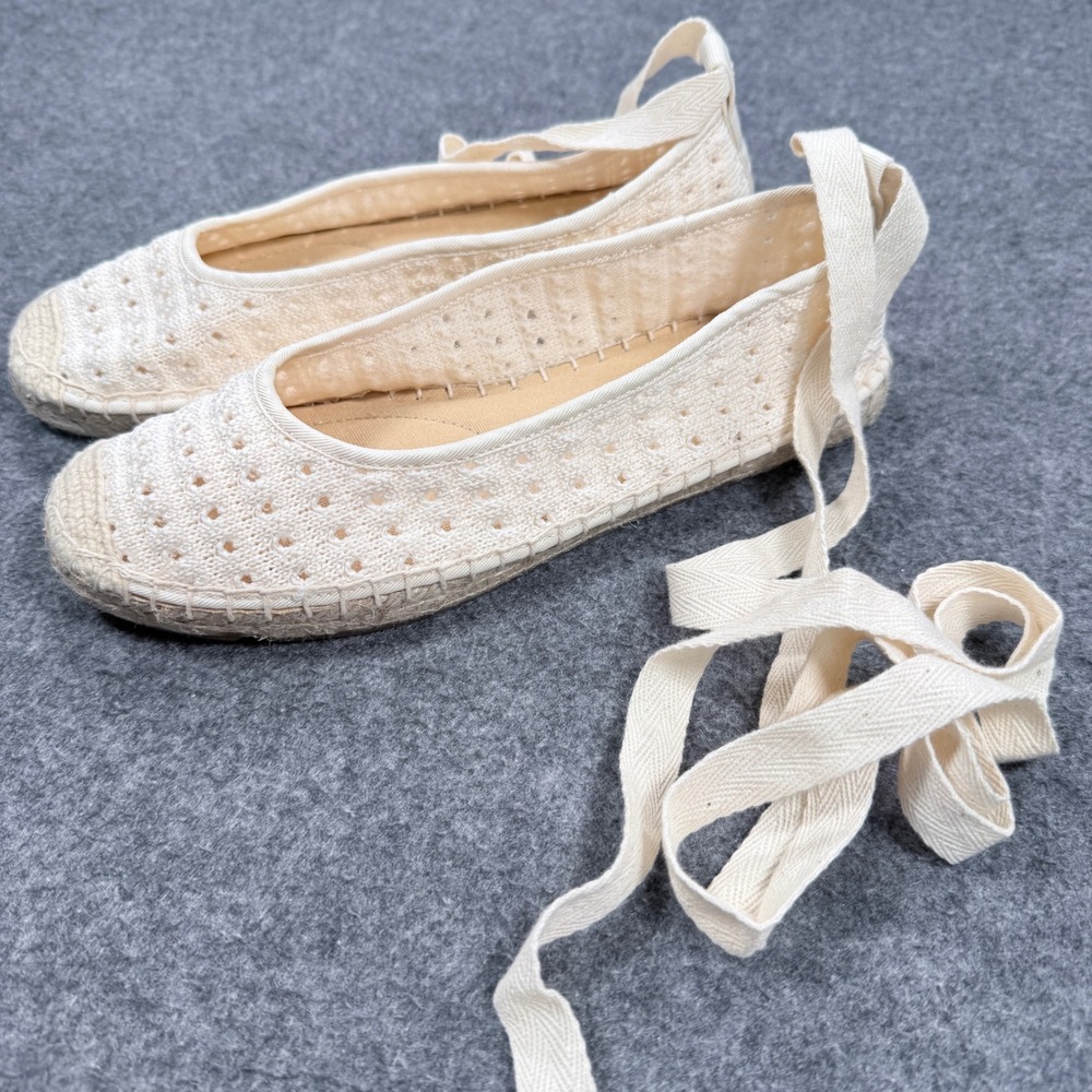 Talbots Ivory Pointelle Knit Espadrille Ankle Tie Ballet Flats Size 6M